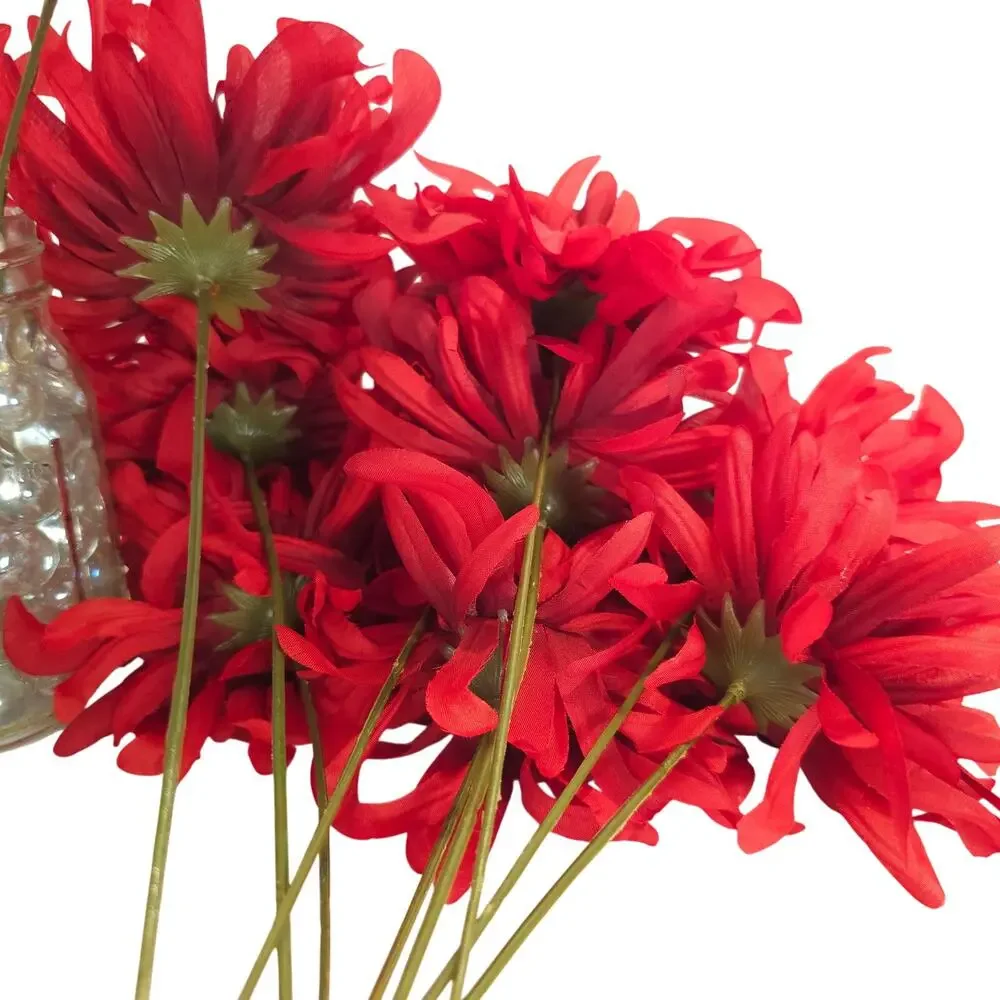 26 Pcs Red Artificial Silk Mum Flower Stems Chrysanthemum Fall Floral Craft Lot